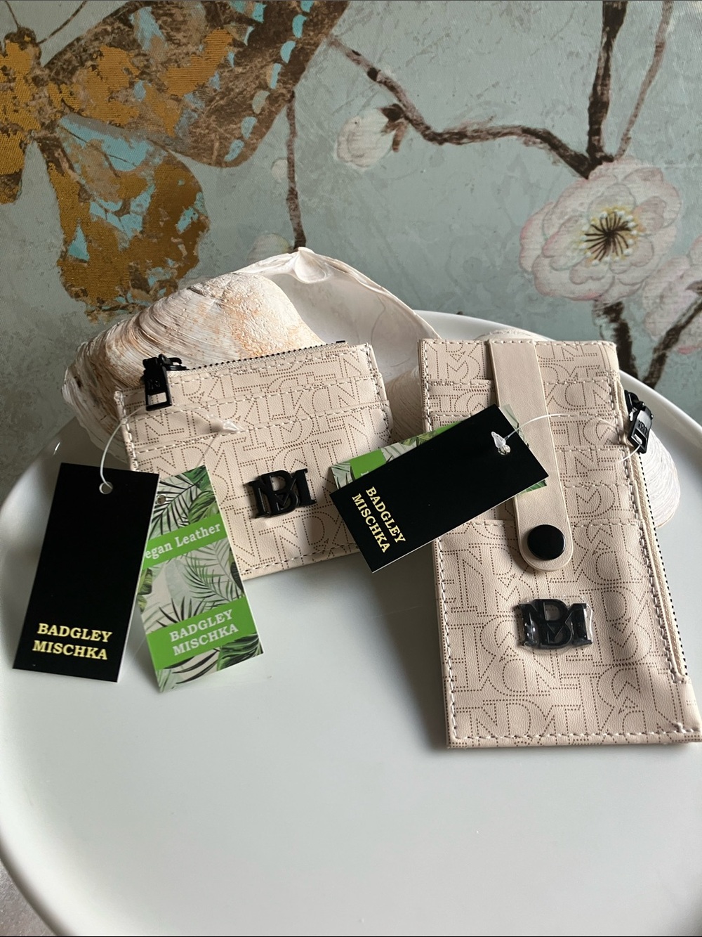 Badgley Mischka Beige Monogram Zipper Set: Mini Credit Card Holder & Tab Wallet